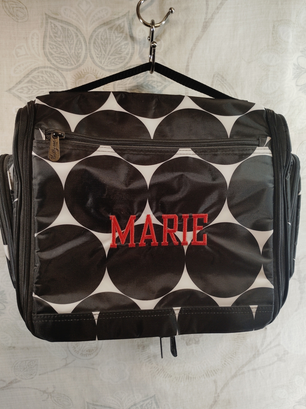 thirty-one Black & White Circle Print Hanging Cosmetic Bag w/ Red Marie Monogram